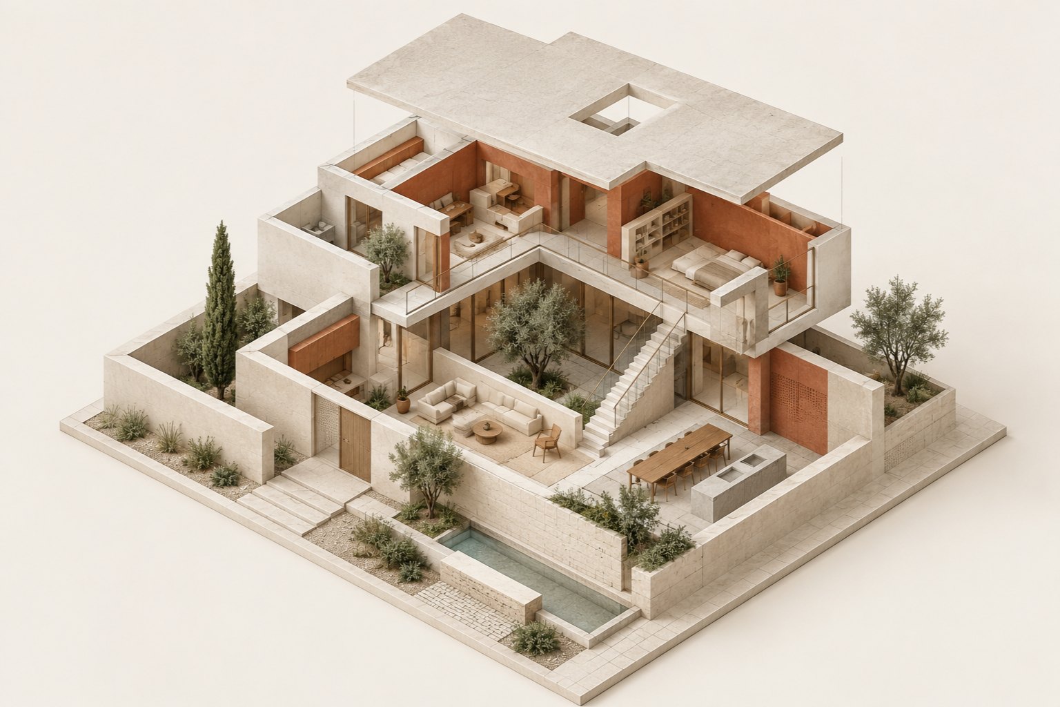 Katmanları açılmış avlulu yapı — temsili mimari model